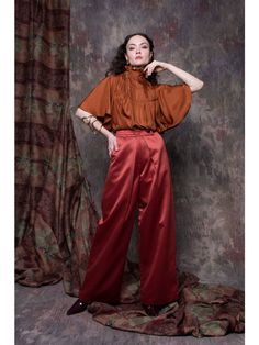 Experience elegance in these Silk Satin stretch pants. The Sepia hue exudes a timeless allure, while the tailored fit flatters the figure with sophistication Sepia Color, Embroidered Coat, Satin Pants, Stretch Top, Satin Top, Create Outfits, Halterneck Dress, Samara, Top Fabric