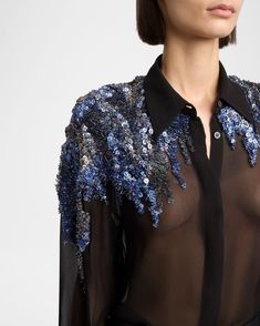 Dries Van Noten Chowy Embellished Chiffon Shirt | Neiman Marcus Shoulder Embellishment, Sheer Chiffon Blouse, Cocktail Jacket, Sheer Chiffon, Chiffon Shirt, Dries Van Noten, Chiffon Blouse, Mens Activewear, Layered Look