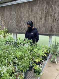 a woman wearing a face mask standing in front of a garden filled with green plants