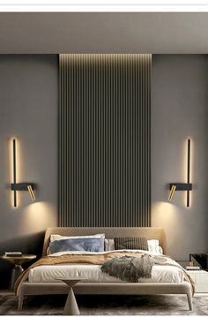 a bed sitting under two lamps in a bedroom next to a wall with vertical blinds