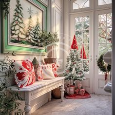 a room decorated with christmas trees and decorations