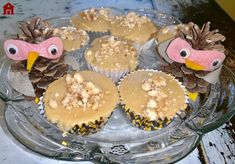 cupcakes with frosting and pine cones in the shape of birds