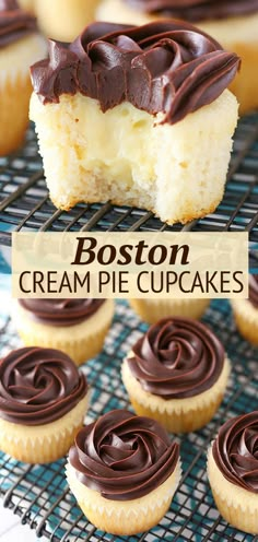 boston cream pie cupcakes on a cooling rack