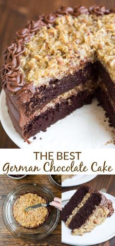 the best german chocolate cake is cut in half and served on a plate with one slice taken out