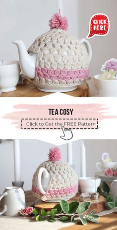 the tea cosy is crocheted with pink flowers