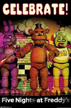 three cartoon characters standing in front of a brick wall with the words celebrate written on it