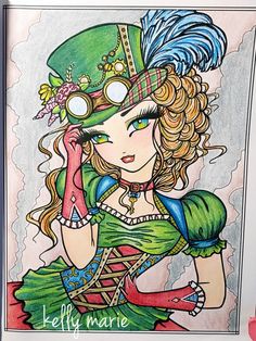 a drawing of a woman wearing a green hat and dress with feathers on her head