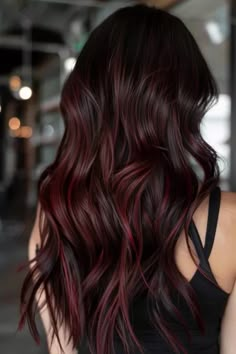 Dark Red Hair Over Brown, Reddish Balayage Brunettes, Chocolate Brown Hair With Burgundy, Red Hair With Brown, Brown Hair With Cherry Highlights, Dark Brown Hair Auburn Balayage, Cherry Coke Balayage Dark Brown, Natural Brown Red Hair Color, Red Hair Over Dark Brown