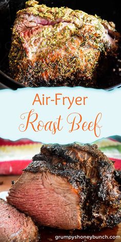 air - fryer roast beef in a cast iron skillet with text overlay