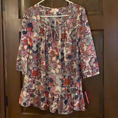 Nwt Liberty For Target Boho Style Tunic Blouse With Keyhole Neckline And Tiefront Detail. Neckline Is Pleated. Sleeves Are 3/4 Length With Slight Gathered Detail. Navy/White/Orange/Lavender Multi Color. Casual Tunic Blouse For Brunch, Casual Tunic Tops For Brunch, Spring Tunic Tops For Brunch, Fitted Tunic Top For Spring, Spring Fitted Tunic Blouse, Fitted Spring Tunic Blouse, Fitted Casual Tunic Blouse, Casual Fitted Tunic Blouse, Fitted Tunic Blouse For Spring