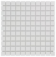 a white tile wall with grey squares on it