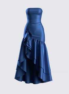 Very Formal Dresses, Cheap Winter Formal Dresses, Blue Dress For Homecoming, Black Dress With Blue Accessories, Prom Dresses Timeless, Paris Themed Dress, Mamma Mia Formal Dress, Long Blue Silk Dress, Dress Bottom Designs