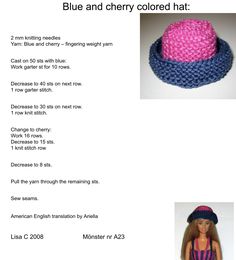 a crocheted blue and cherry colored hat with instructions for making the top part