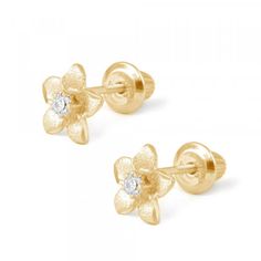 These detailed plumeria flower girl's earrings are made of 14k yellow gold and finished in a satin texture, each features a sparkling diamond at center. They are specially designed with a shorter post, the screw back is smooth on the bottom for comfort and safety. Perfect for everyday wearing. #screw back earrings #gold screw back earrings #baby screw back earrings #toddler screw back earrings #kids screw back earrings #screw back earrings for girls #teen screw back earrings Yellow Gold Flower Earrings With Diamond Accents, Yellow Gold Flower Diamond Earrings Gift, Flower Shaped Yellow Gold Diamond Earrings Gift, 14k White Gold Flower Earrings, Satin Texture, Baby Earrings, Earrings For Girls, Nature Ring, Real Jewelry