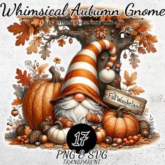 an autumn gnome with pumpkins and acorns is featured on the front cover of this