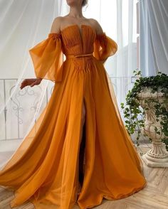 Details:-Organza fabric-Alloy orange color-Draped top with open skirt-For special occasions High Fashion Wedding Guest, Dresses High Fashion, Fashion Wedding Guest, High Fashion Wedding, 2022 Prom Dresses, Cheap Prom Dresses Long, Organza Gowns, Cheap Evening Dresses, Long Prom Dresses