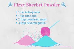 the ingredients for fizzy sherbet powder are shown in pink, blue and green