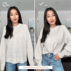 How to tuck a chunky knit sweater Baggy Sweater Work Outfit, How To Wear A Oversized Sweater, How To Style Oversize T Shirt, Tucking Oversized Sweater, How To Make An Oversized Sweater Fit, Oversized Sweater Hack, How To Style Oversized Knit Sweaters, Tuck In Oversized Sweater, Oversized Sweater And Jeans Outfit