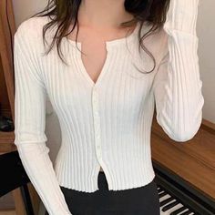 Questions? Leave On The Comment Below! White Ribbed Casual Cardigan, Casual White Ribbed Cardigan, White Ribbed Cardigan For Spring, Jacket Crop, Coat Korean, Sweater Cropped, Summer Shorts Denim, Cardigan Long Sleeve, Slim Sweater