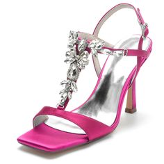 Shop Magenta Satin Open Toe Stiletto Jewelry Embellished Heels T Strap Sandals for Party color Magenta for Anniversary, Party, Wedding with worldwide Free shipping & Free return. Pink Formal Sandals For Party Season, Pink Sandals For Formal Parties, Elegant Sandals For Holiday Events, Elegant Sandals For Wedding And Party Season, Elegant Holiday Cocktail Sandals, Elegant Sandals For Cocktail Holiday, Elegant Rhinestone Sandals For Holiday, Holiday Party Embellished Sandals, Holiday Party Sandals With Rhinestones