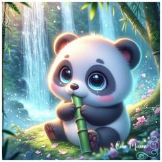 a panda bear holding a bamboo stick in front of a waterfall with flowers and leaves