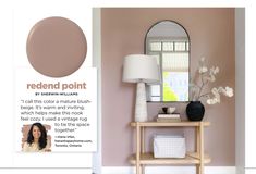 a living room with pink walls and a white table in front of a mirror that says redond point