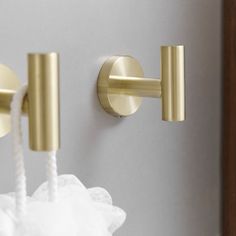 two gold handles on a white wall near a toilet paper dispenser