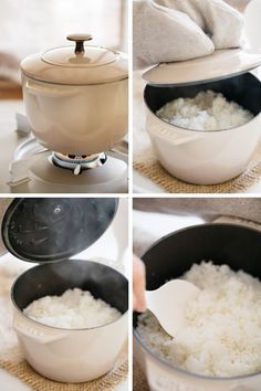 four pictures showing how to cook rice in a pot