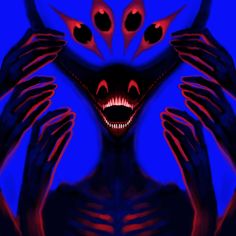 an alien is holding his hands up to his face with red eyes and fangs on it