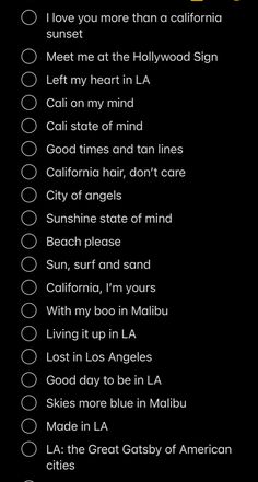 an image of a list with the names of things to do in california on it