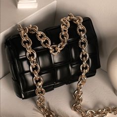 Very High Quality Heavy Metal Chain 9.5” Width X 7.5 Height Modern Black Shoulder Bag With Chain, Modern Shoulder Bag With Chain Strap For Night Out, Luxury Black Shoulder Bag With Gold Chain, Modern Black Shoulder Bag With Chain Strap, Formal Black Shoulder Bag With Gold Chain, Chic Chain Link Shoulder Bag For Party, Black Chain Link Bag, Black Chain Shoulder Bag As Fashion Accessory, Black Shoulder Bag With Chain For Fashion Accessory