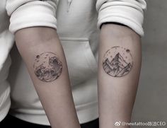 two tattoos on both arms with mountains and stars in the sky above them are shown