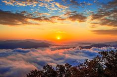 the sun is setting over some clouds in the sky with trees and bushes below it