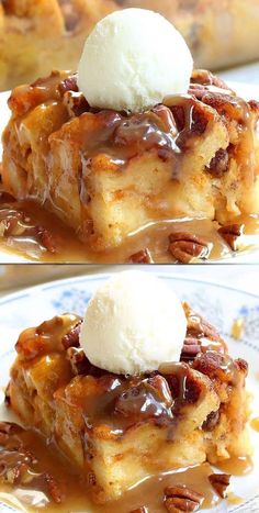 two pictures of the same dessert with ice cream and caramel toppings on top