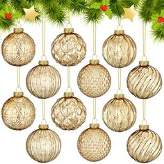 twelve glass baubles hanging from a christmas tree