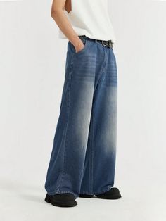 Suyu Yuan Minimalist Men's Washed Denim Wide Leg Jeans With Insert Pocket, Casual Blue    Denim Plain Straight Leg Non-Stretch  Men Clothing, size features are:Bust: ,Length: ,Sleeve Length: Washed Blue Jeans, Blue Pants Men, Bleached Jeans, Minimalist Men, Denim Wide Leg, Blue Pants, Wide Leg Denim, Men Clothing, Mens Denim