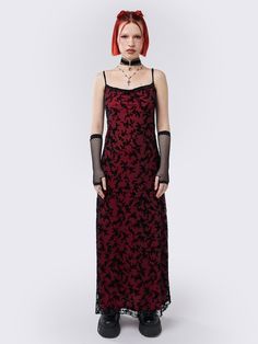 Meet Titania: a red cami maxi dress with all over velvet floral print in black, a lace trim neckline and mesh overlay. A blend of goth and witchy boho whimsy. Shop now at Minga London! Red Cami, Minga London, Alt Grunge, Character Fashion, Xxxl Dress, Witchy Goth, Cami Maxi Dress, Graduation Dresses, Aesthetic Moodboard