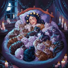 a painting of a woman laying in bed with many cats on her stomach and surrounded by candles