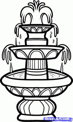 a black and white drawing of a three tiered fountain with water dripping from it