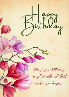 a happy birthday card with pink flowers