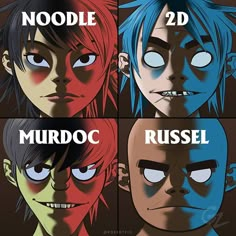 four cartoon faces with different facial expressions and the words noodle, murdoc, russell