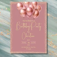 a pink birthday party card with gold foil balloons