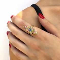 Louise Marquise Ring, 18K yellow gold (750/1000). Set with 4.37 carats of multi-colored sapphires. For detailed information please contact us. Marquise Ring Setting, Intricate Jewelry, Colored Sapphires, Push Presents, Marquise Ring, Signet Rings, 21st Gifts, Classic Elegant, Ring Size Guide