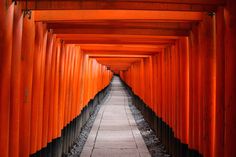 the walkway is lined with orange columns and black posts on both sides, as well as a person walking between them