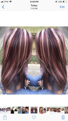 Reddish Purple Hair With Blonde Highlights, Black Cherry Hair Color With Blonde Highlights, Chocolate Cherry With Blonde Highlights, Dark Purple With Blonde Highlights, Dark Red Violet Hair With Highlights, Maroon With Blonde Highlights, Burgandy Low Lights For Brown Hair, Blonde And Plum Highlights, Dark Plum Hair With Blonde Highlights