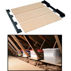 two pictures showing the inside of an attic with insulation and floor joisting being installed