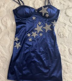 Midnights Dress Aesthetic, Midnight Star Dress, Eras Tour Outfits Midnights Dress, Taylor Swift Star Dress, Taylor Swift Midnight Blue Dress, Midnights Taylor Swift Blue Dress, Taylor Swift Blue Star Dress, Midnight Taylor Swift Bejeweled, Short Blue Star Dress