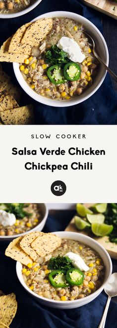 slow cooker salsa verde chicken chickpea chili with tortilla chips on the side