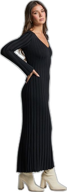 Sleek Ribbed Dress, Black Fitted Maxi Sweater Dress, Fitted Black Maxi Sweater Dress, Elegant Black Ribbed Sweater Dress, Chic Long Black Sweater Dress, Black Stretch Sweater Dress For Work, Long Fall Dresses, Spring Maxi Dress, Maxi Dress For Women