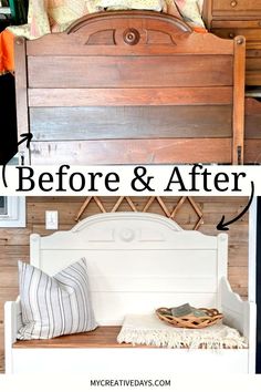 the before and after of a bed with pillows on it, and an image of a wooden